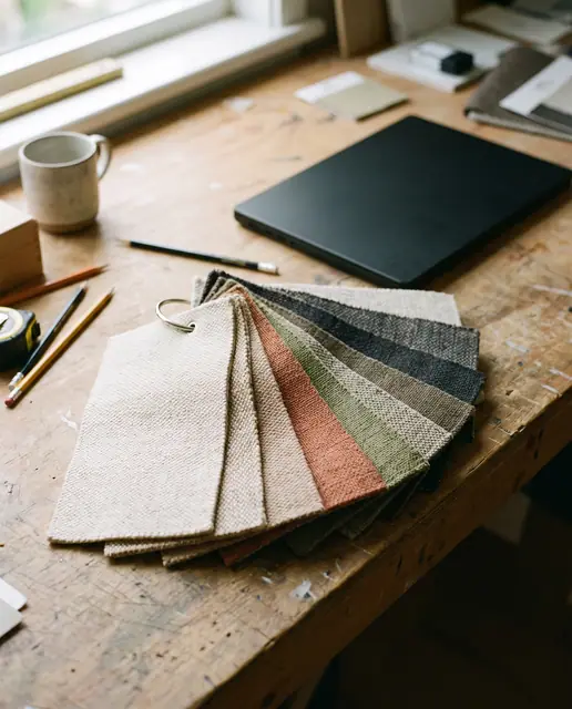 Fabric swatches fanned gradient colors weaves work surface daylight