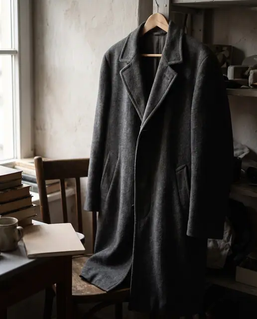 Wool overcoat wooden hanger plain wall shadow muted tones fabric