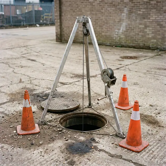 Confined space entry tripod manhole concrete yard safety cones winch
