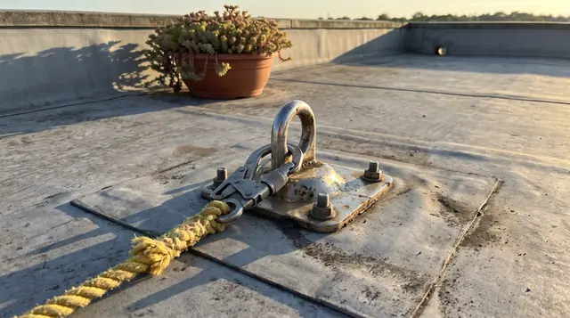 Roof safety anchor point, fall arrest lanyard, compliance
