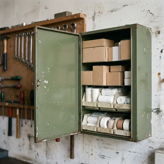 Green first aid cabinet open workshop wall bandages dressings tools
