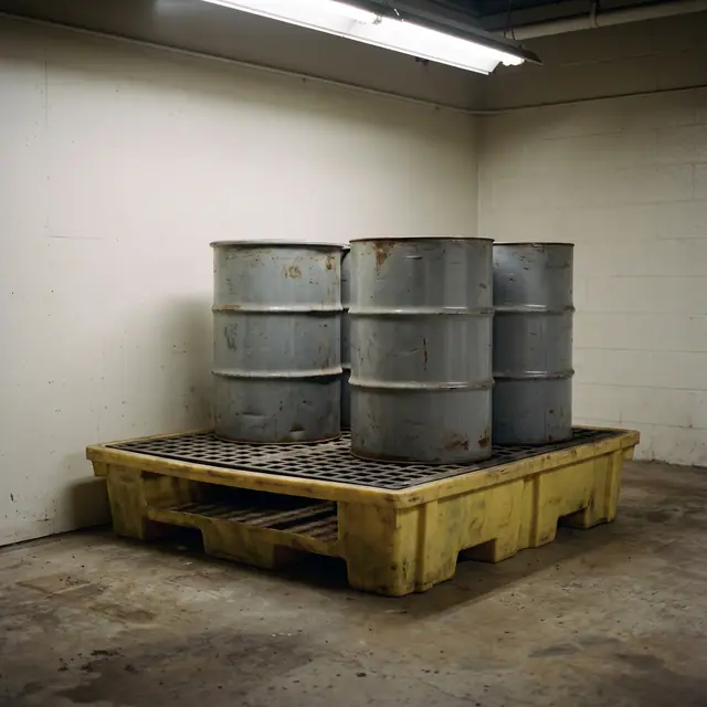 Yellow spill containment pallet steel drums warehouse safety