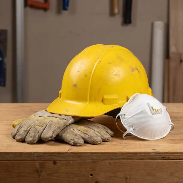 Hardhat gloves N95 PPE safety gear construction studio light