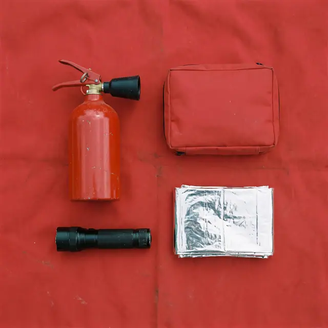 Emergency response items flat lay red background first aid fire