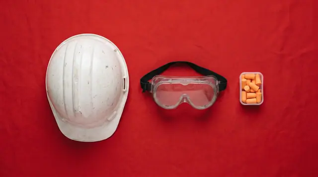 White hard hat safety goggles ear plugs red background flat lay