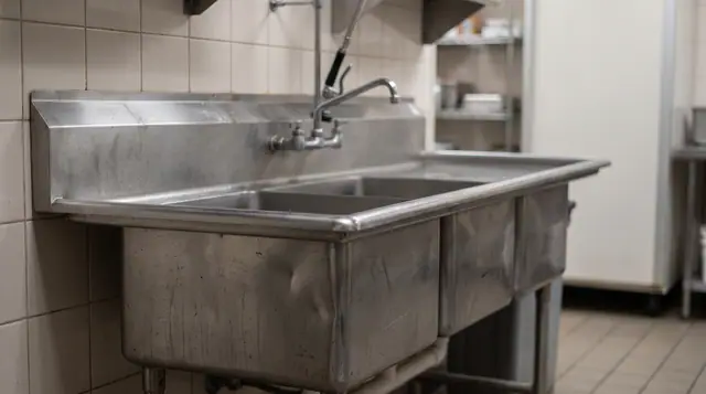 Stainless steel industrial food sink, straight on, commercial