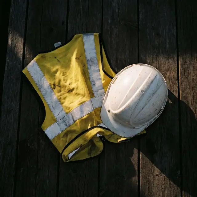 Overhead high-visibility vest hard hat weathered wood safety