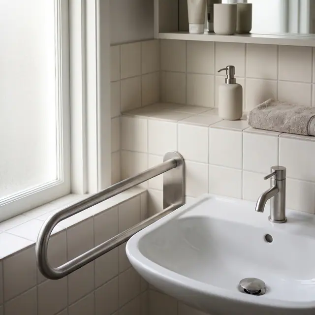 Accessible bathroom grab rail washbasin clean tiled wall daylight