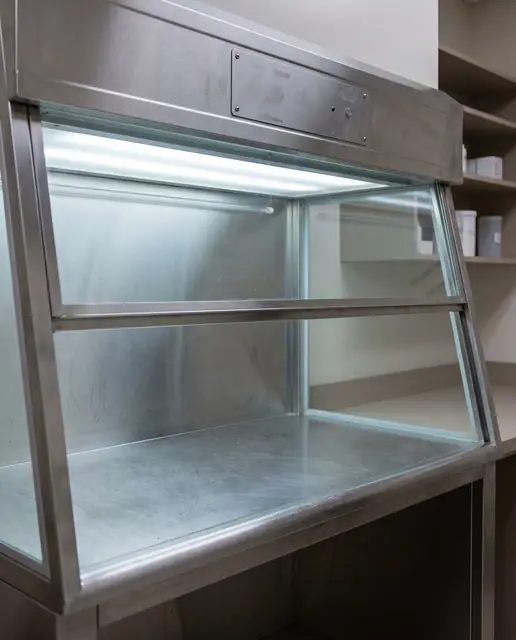 Laminar flow hood pharmacy empty stainless work surface raised