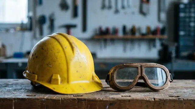Hard hat safety goggles wooden frame PPE compliance construction