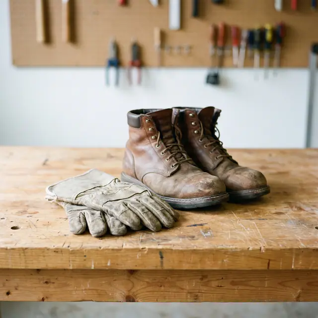 Safety boots gloves wooden table personal protective equipment