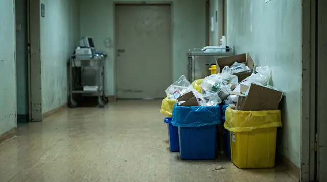 Hospital corridor medical waste cool light clinical sterile empty