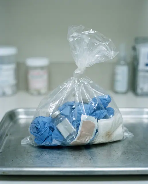 Used medical plastic bag, cool light, straight on, healthcare