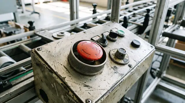 Close up industrial machinery button production line diffused light