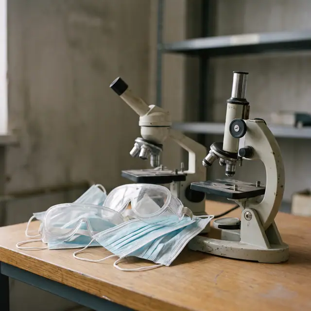 Medical masks goggles microscopes lab authentic documentary shallow