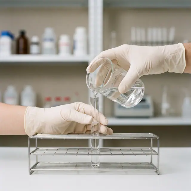 Scientist pouring liquid test tube lab experiment research studio