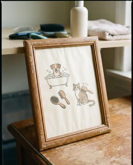 Pet care grooming flyer in frame straight on bright daylight