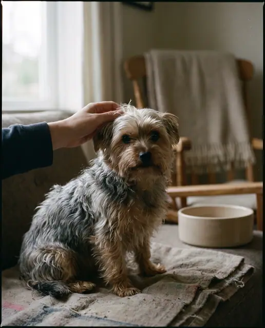 Yorkshire terrier pet dog straight on soft daylight shallow depth