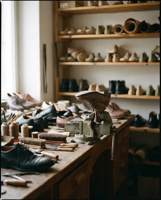 Leather shoes on cobbler workbench shoe repair shop