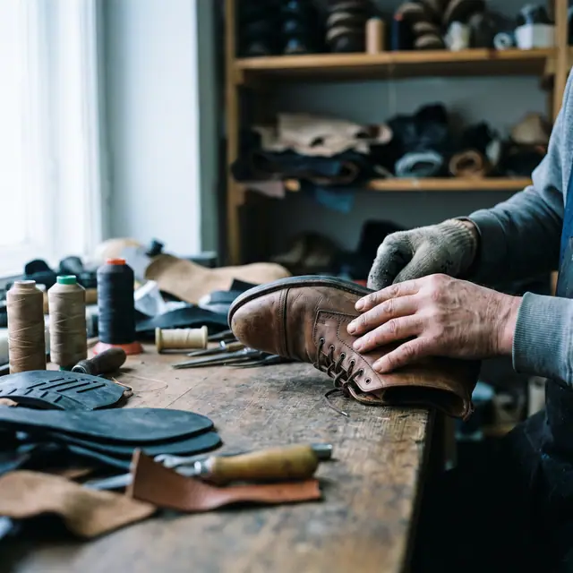 Cobbler hands repairing leather shoe in workshop close up