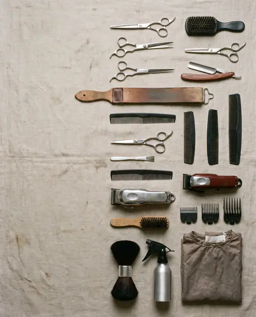 Barber tools set flat lay, professional grooming kit, top view