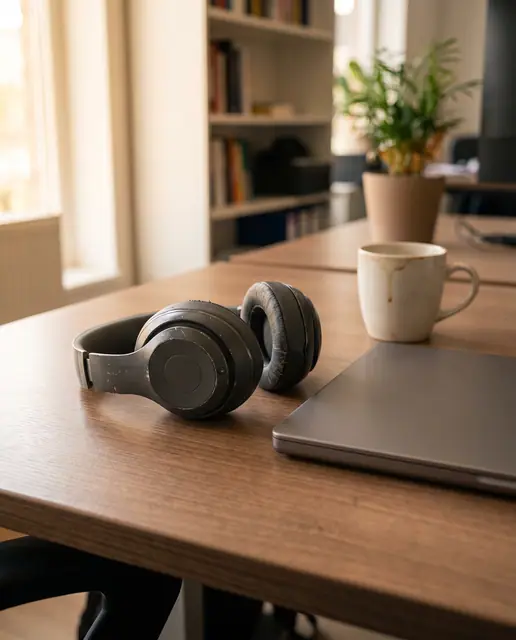 Wireless headphones working surface everyday natural light