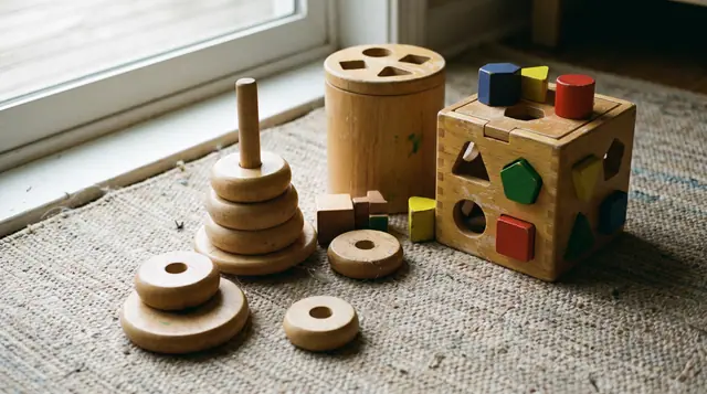 Wooden stacking toys and a colorful shape sorter arranged on a soft nursery floor mat under
