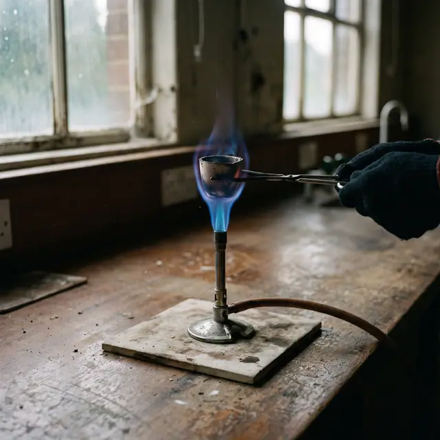 A Bunsen burner with a bright blue flame and a crucible held by tongs on a heatproof mat in a