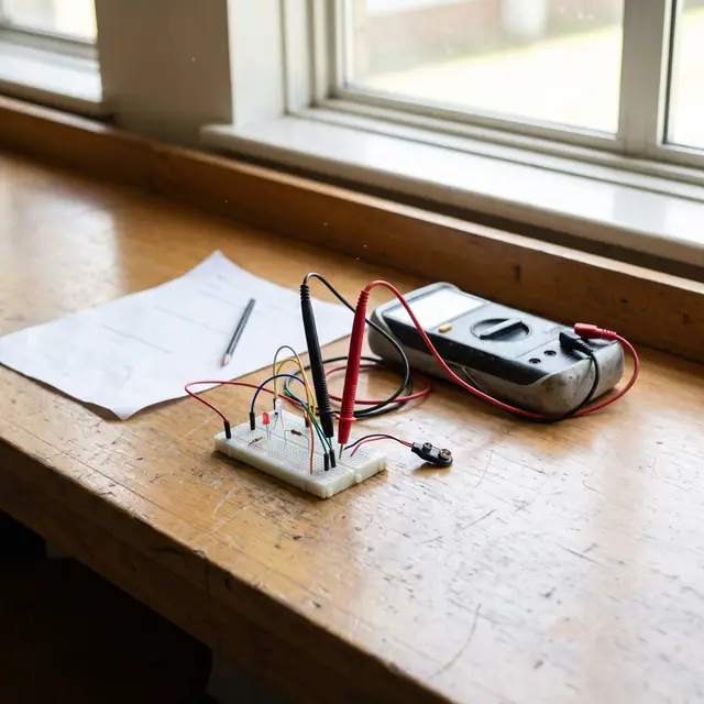 Classroom science experiment setup with a simple electronic circuit on a breadboard