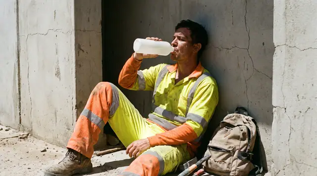 Outdoor worker in hi-vis taking a shade break against a wall, drinking water on a hot day