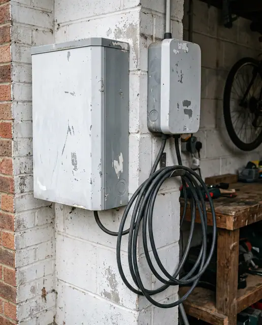 Wall-mounted home battery unit and electric vehicle charging point on a suburban garage wall