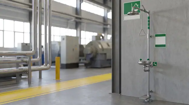 Emergency eyewash drench shower unit plant floor safety equipment