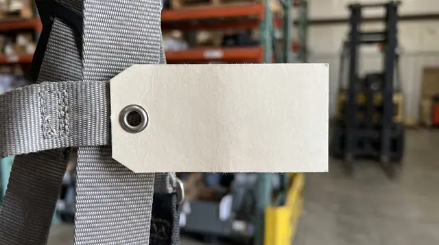 Fall arrest harness blank inspection tag webbing close-up safety