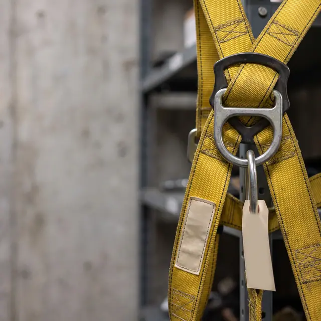 Fall arrest harness dorsal D-ring close-up stitched webbing safety