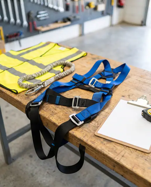 Fall arrest harness lanyard safety inspection bench workplace