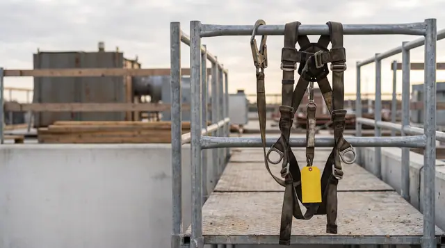 Safety harness lanyard hooked on scaffold guardrail construction