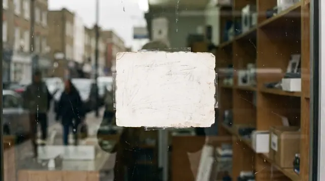 Blank handwritten style card displayed in a small independent shop window, showing street