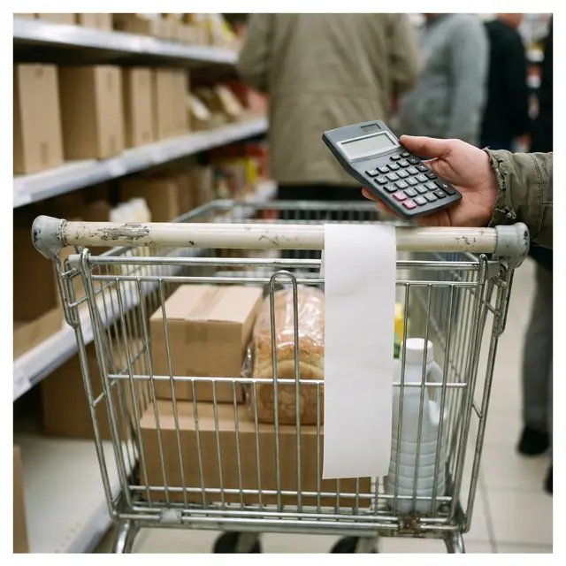 Supermarket trolley handle with a long paper receipt, a calculator, and generic grocery items
