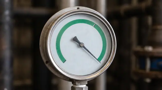 Portable fire extinguisher pressure gauge needle green zone close-up