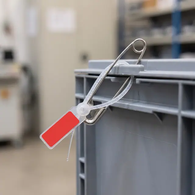 Fire extinguisher safety pin tamper seal close-up workplace