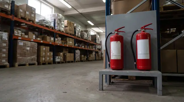 Portable fire extinguishers on floor stand in warehouse aisle
