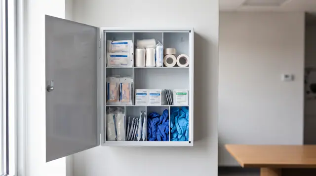 Open wall first aid kit organized medical supplies emergency