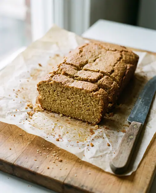 Gluten-free almond flour loaf sliced on parchment paper, showcasing its dense texture and