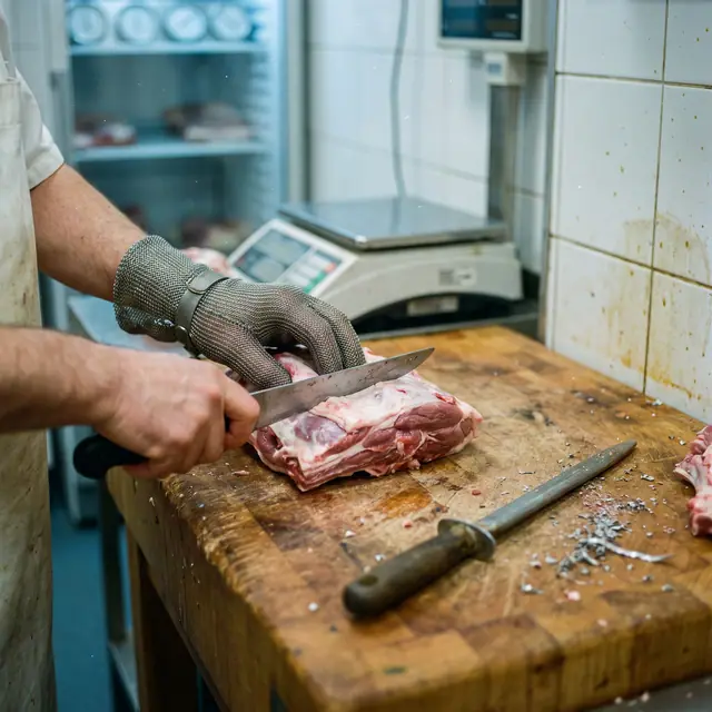 Professional butcher with gloved hands meticulously trimming a fresh lamb shoulder on a rustic