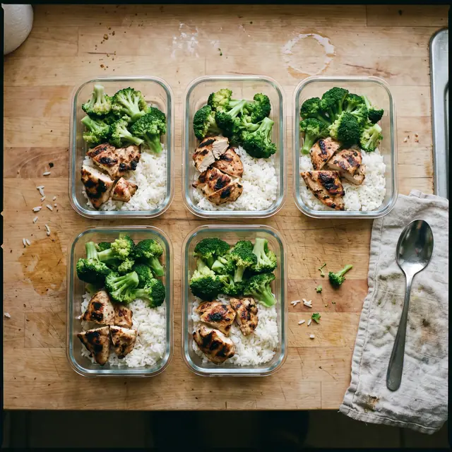 Five healthy meal prep containers with grilled chicken, rice, and broccoli on a kitchen