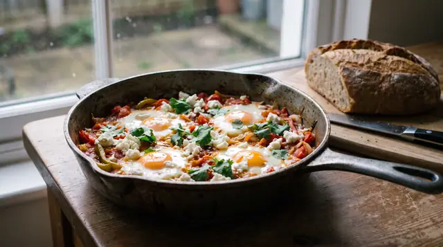 Delicious homemade shakshuka in a cast iron skillet with runny eggs, crumbled feta, fresh