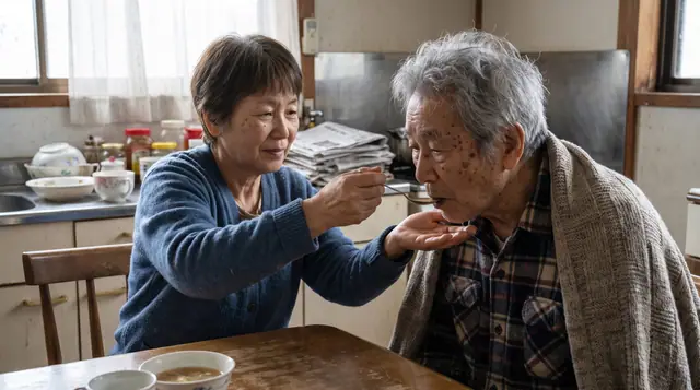 East Asian care worker assists an older adult with a meal in a cozy home kitchen, illuminated