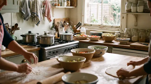 Authentic family kitchen scene with hands rolling dough and pots steaming on the hob