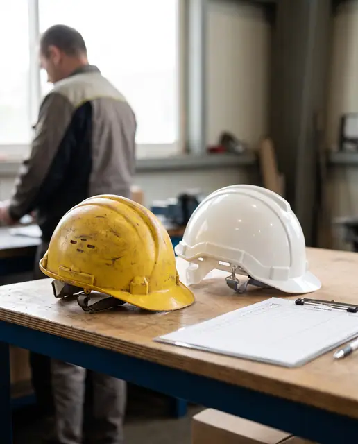 Worn new safety helmets side by side inspection table