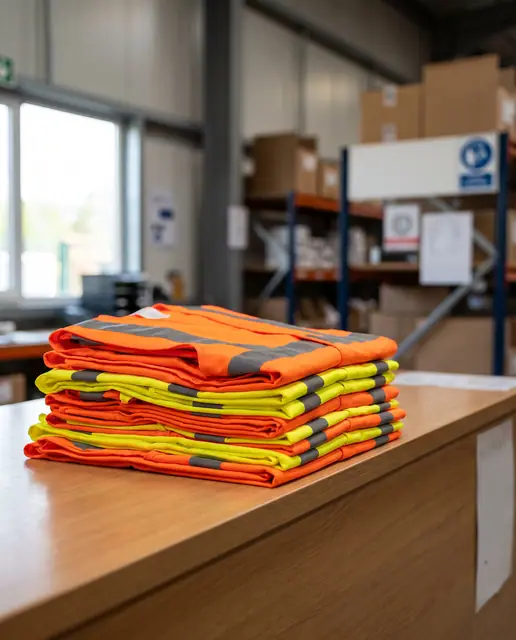 High-visibility reflective safety vests folded stack issue counter